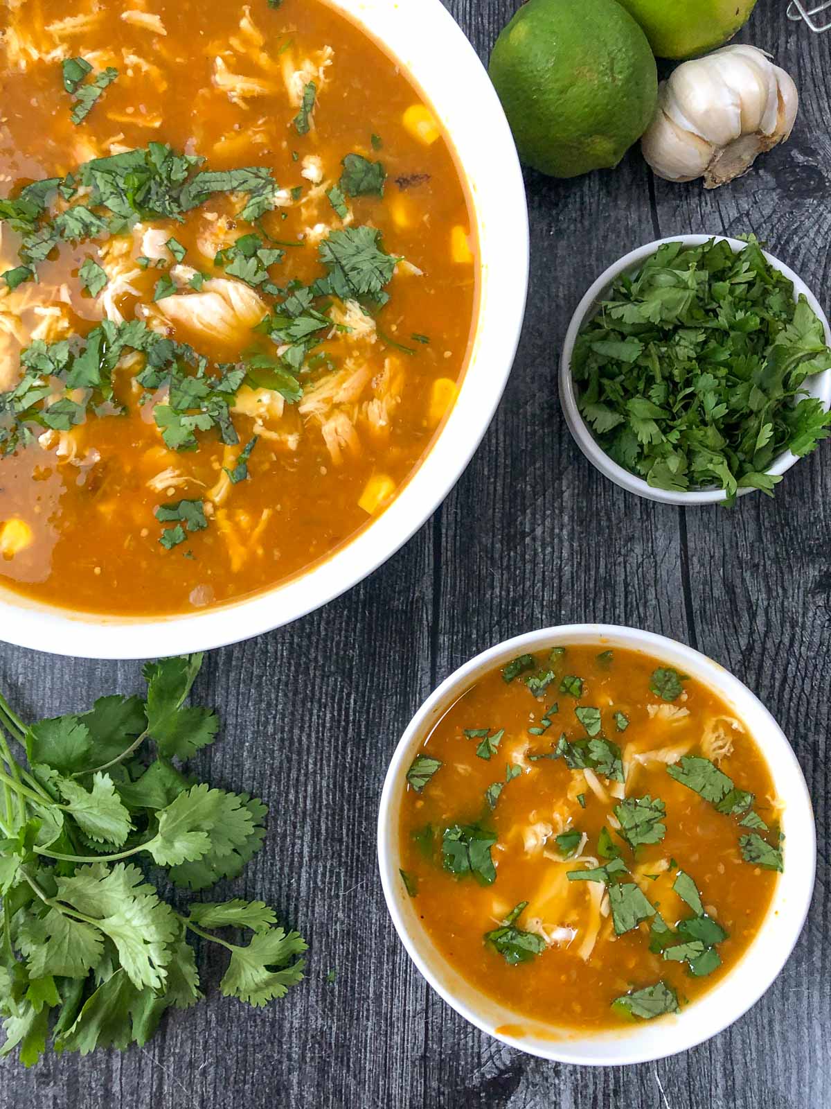 aerial view of two bowls of Mexican soup with fresh cilantro and garlic