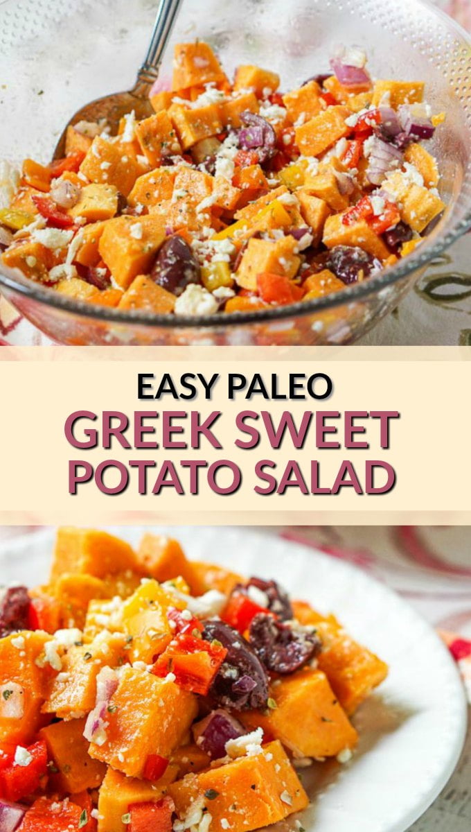 glass bowl with paleo greek sweet potato salad and text