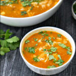 two bowls of Mexican soup with fresh cilantro and text