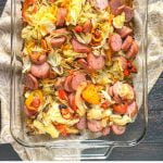 baking dish with kielbasa & cabbage casserole with text