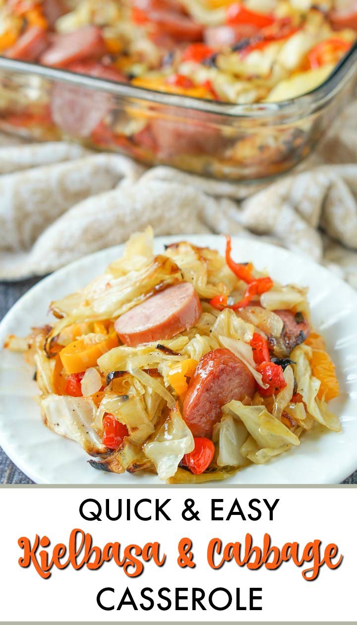 baking dish and white plate with kielbasa & cabbage casserole with text
