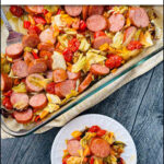aerial view of a pan and plate of kielbasa and cabbage casserole and text