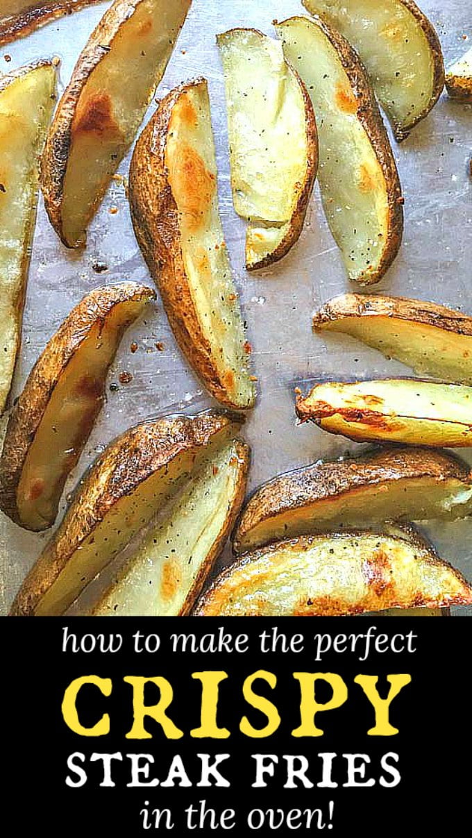 cookie sheet with crispy steak fries and text overlay