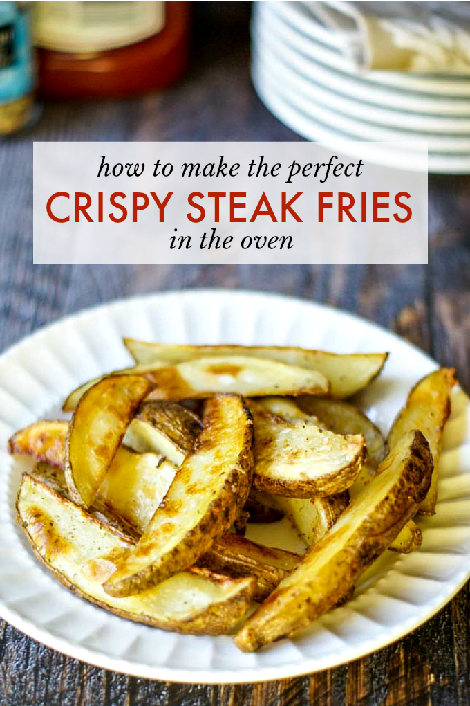 white plate with oven fries with plates in background and text overlay