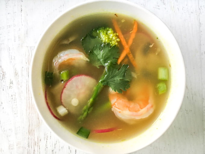 small bowl of vegetable soup with shrimp for spring