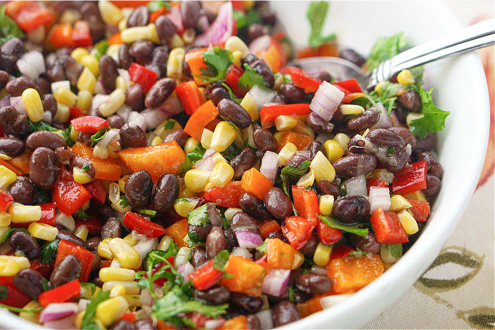 closeup of Mexican black bean salad with corn