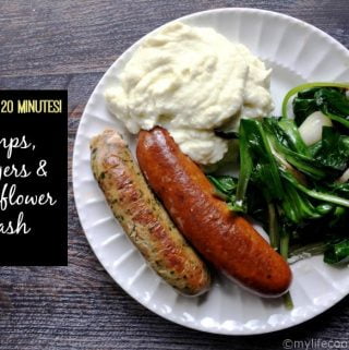 Dinner in 20 minutes featuring sautéed ramps, sausages and the easiest cauliflower mash.