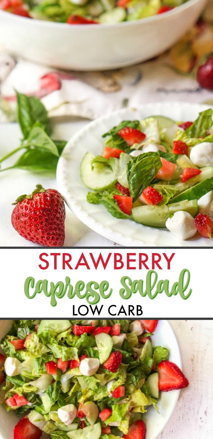 bowl and plate with strawberry caprese salad and text overlay