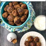 aerial view of blue bowl and white plate with kibbeh meatballs with text
