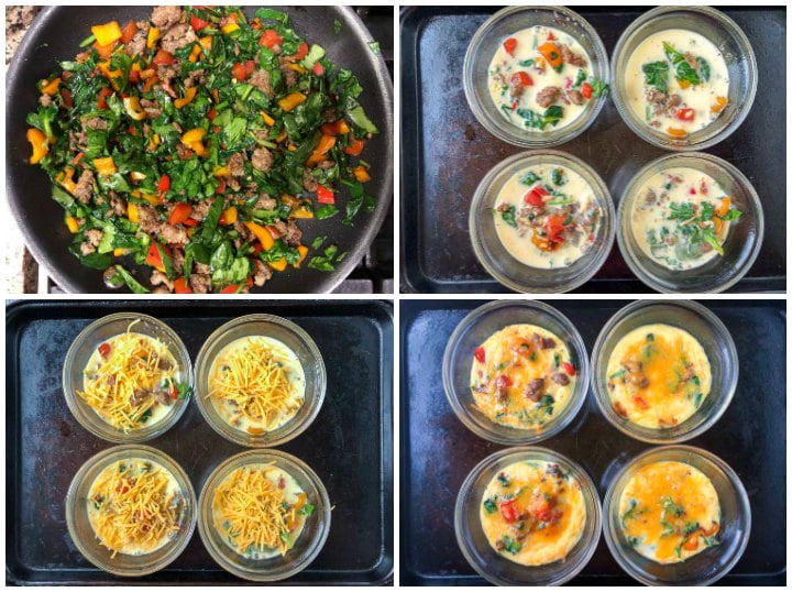 collage of pics showing how to make ahead omelets in a cup for meal prep