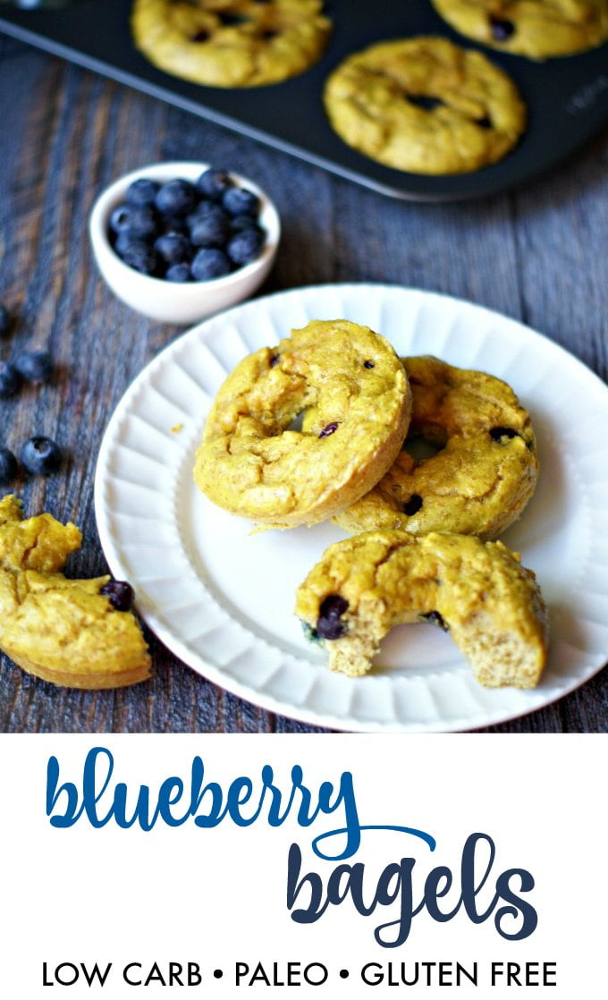 Long photo of blueberry bagels on plate with blueberries in background and text overlay.