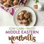 Long photo fo a white plate of meatballs and a bowl of meatballs with parsley and yogurt and text overlay.