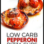 Closeup of a white plate with keto pepperoni pizza bites and text.