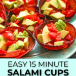Closeup of a plate with the keto salami cups filled with avocados and tomatoes and text.