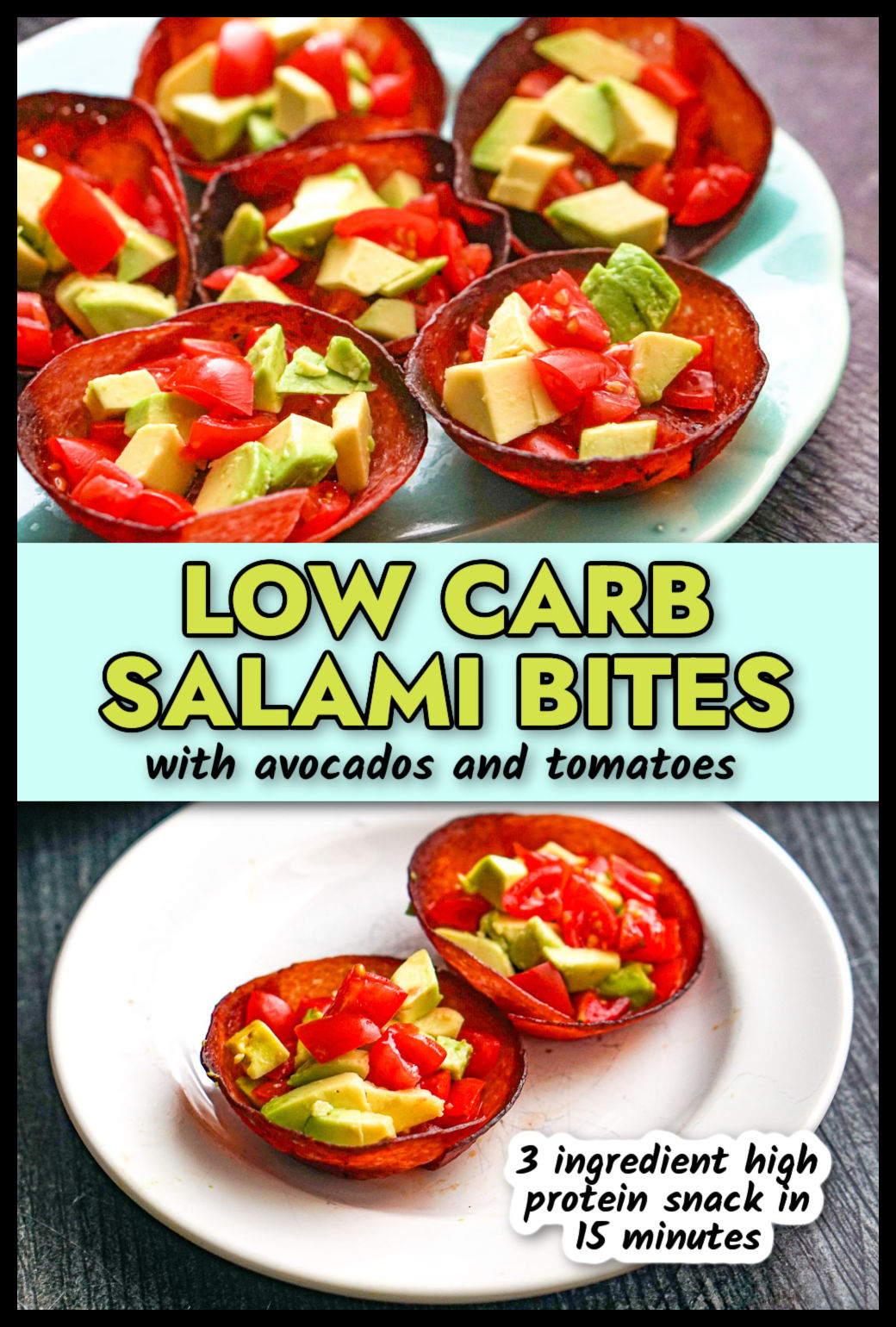 Closeup of a plates with the keto salami cups filled with avocados and tomatoes and text.