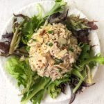 closeup of white plate with lettuce and low carb chicken salad