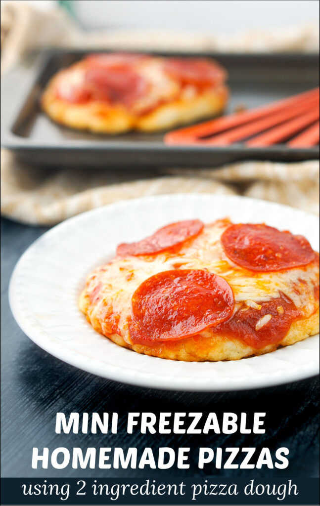 baking tray and white plate with mini freezable pizzas with text