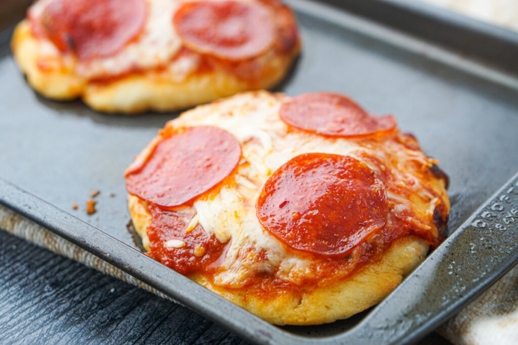 closeup of 2 mini pepperoni pizzas