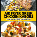 Marinating foods and white plate with a skewers of keto Greek Chicken kabobs and text overlay.
