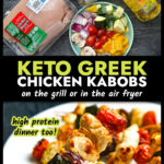 Ingredients and white plate with a skewers of keto Greek Chicken kabobs and text overlay.