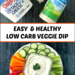 white plate with cut veggies and cottage cheese dip and ingredients and text