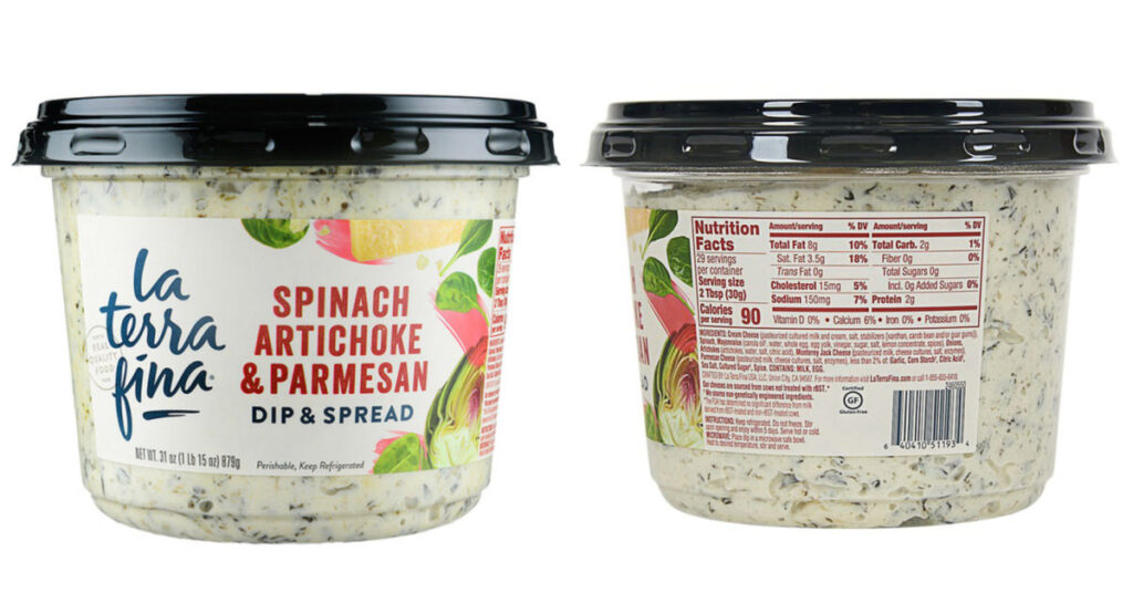 spinach and artichoke dip in container - front and back views
