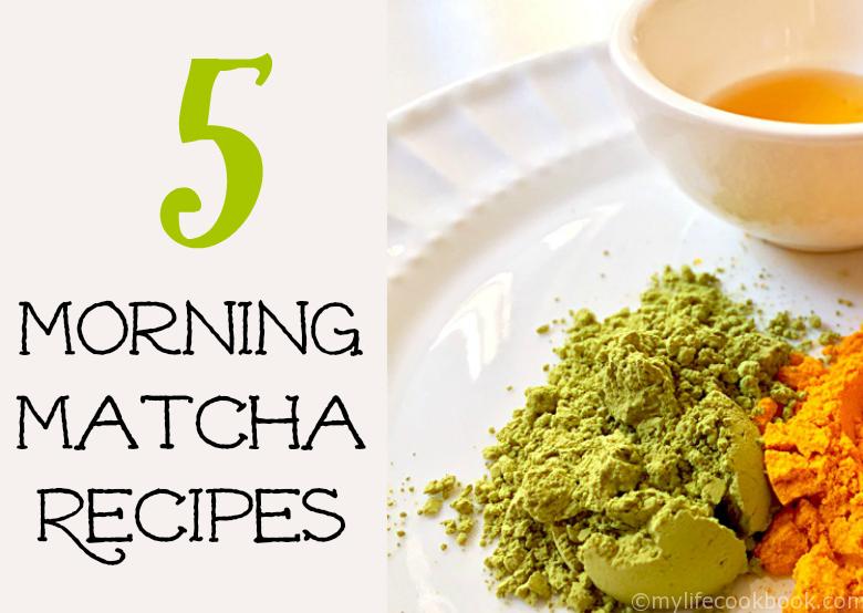 white plate with matcha green tea, turmeric and text saying 5 morning matcha recipes
