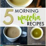 Collage of 5 matcha drinks in white cups with text overlay.