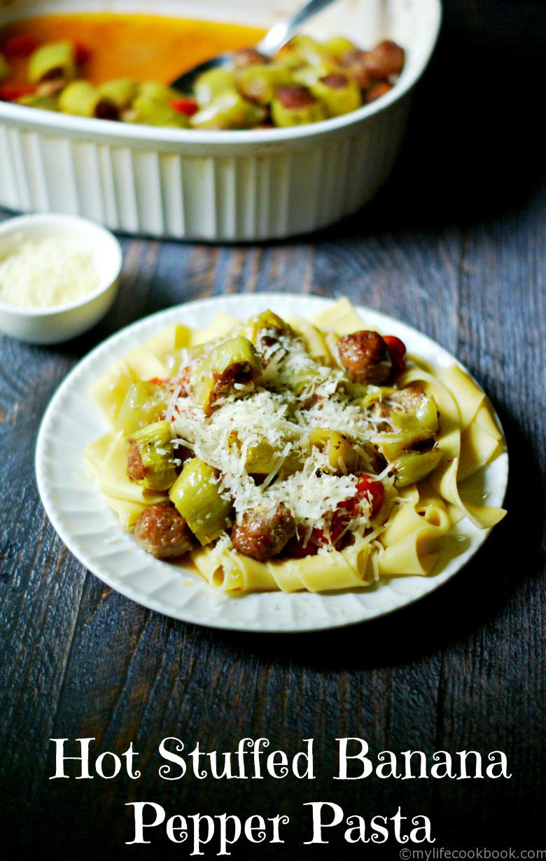 This Hot Stuffed Banana Pepper Pasta is an easy and tasty dinner. Great use of hot peppers from the garden. Sure to please!