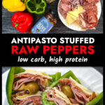 Ingredients an aqua plate with an antipasto stuffed raw pepper cut in half and text.
