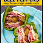 Aqua plate with an antipasto stuffed raw pepper cut in half and text.