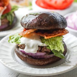 bacon blue cheese keto burger on a portobello mushroom bun