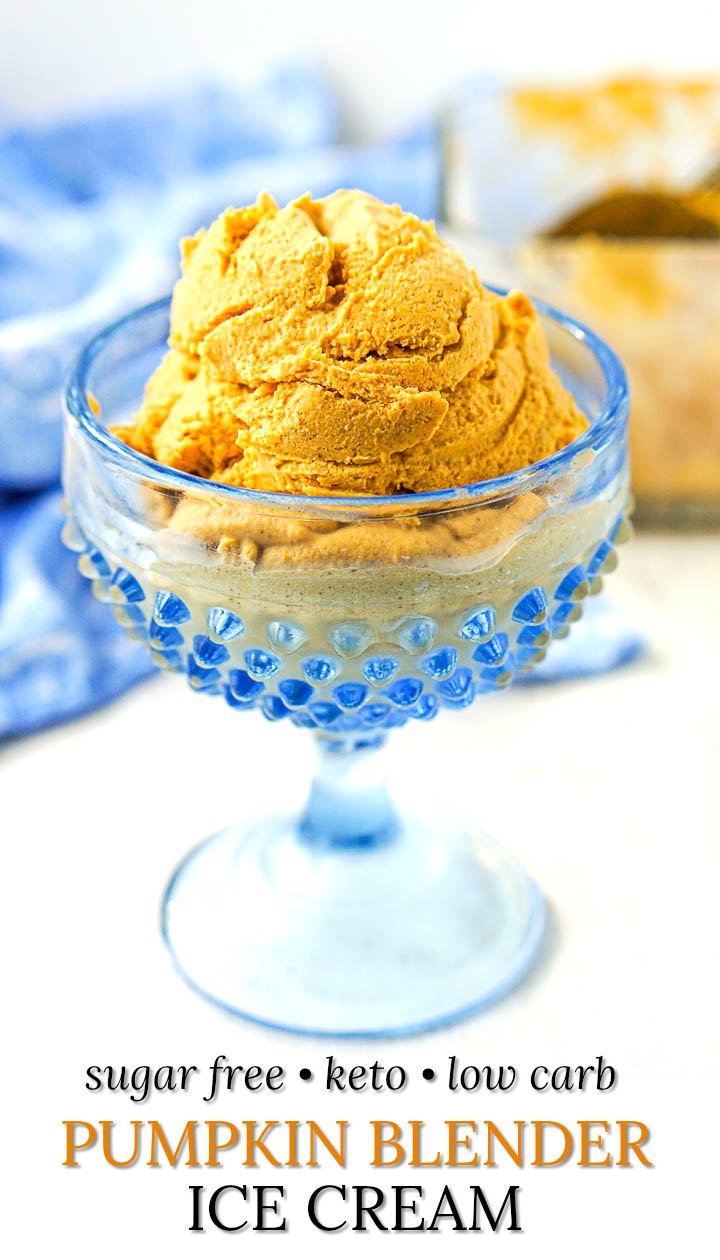 blue glass dish with low carb pumpkin blender ice cream with blue towel in back and text overlay