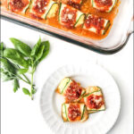 baking dish and plate with zucchini ravioli and text