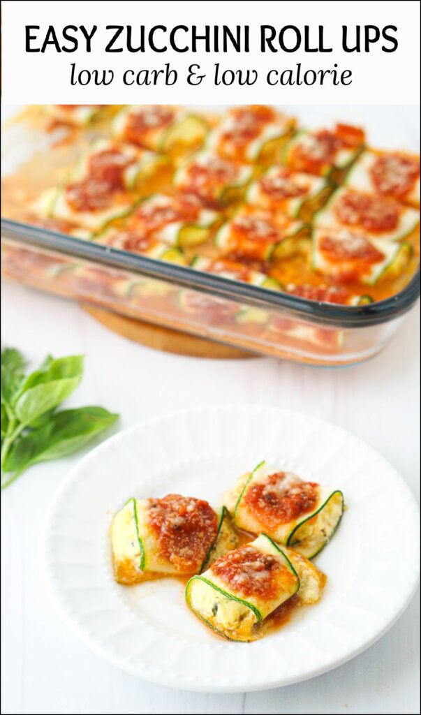 baking dish and plate with zucchini ravioli and text