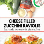 dish with zucchini ravioli and ingredients plus text