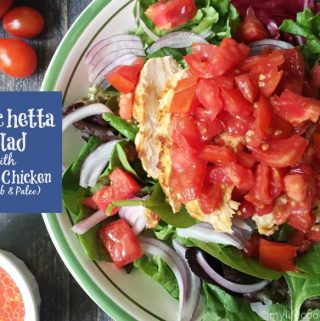 This bruschetta salad with grilled chicken is a delicious way to use some of the ripe, juicy tomatoes from your garden. Light and fresh and delicious. A low carb and Paleo meal.