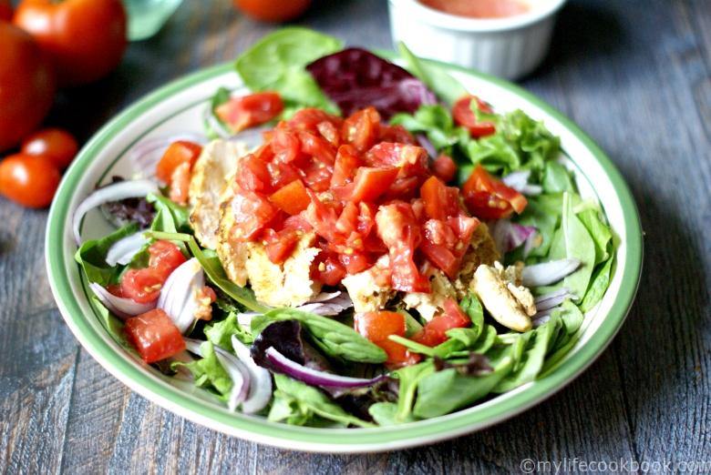 This bruschetta salad with grilled chicken is a delicious way to use some of the ripe, juicy tomatoes from your garden. Light and fresh and delicious. A low carb and Paleo meal.