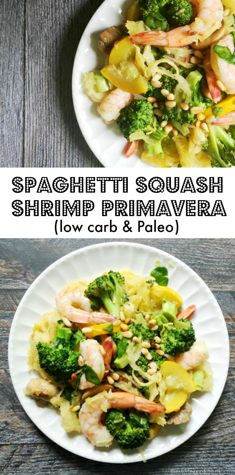 Using spaghetti squash instead of pasta makes this Shrimp Prima Vera recipes both low carb and delicious! A fabulous Paleo dinner.