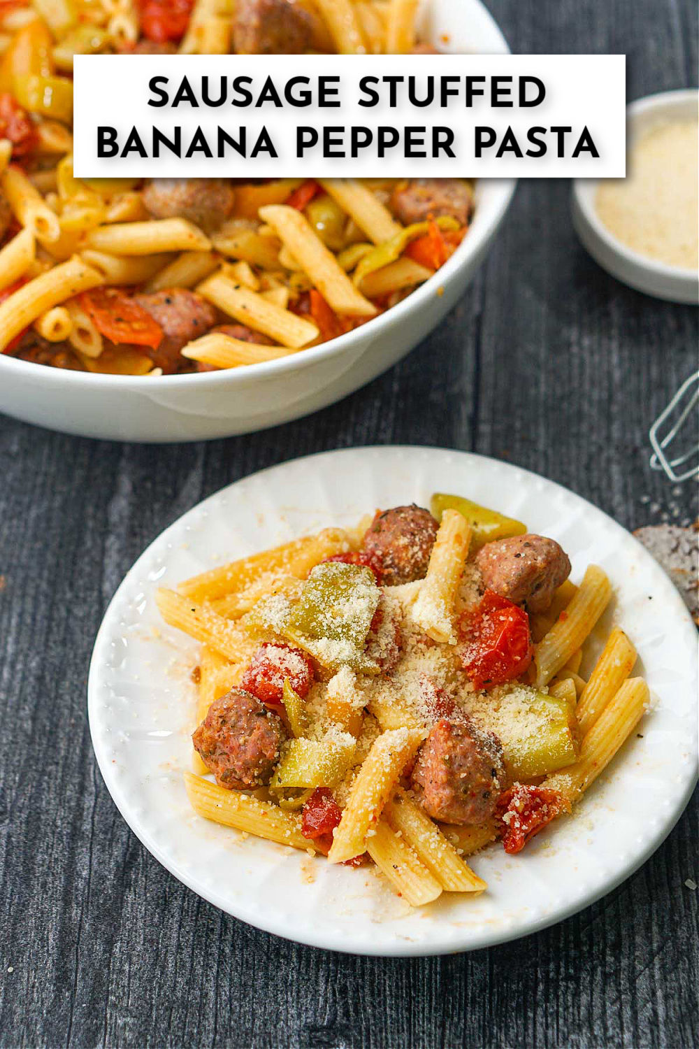 white bowl and plate with stuffed banana pepper pasta with text