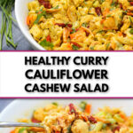 closeup of white bowl with curry vegetable salad and text