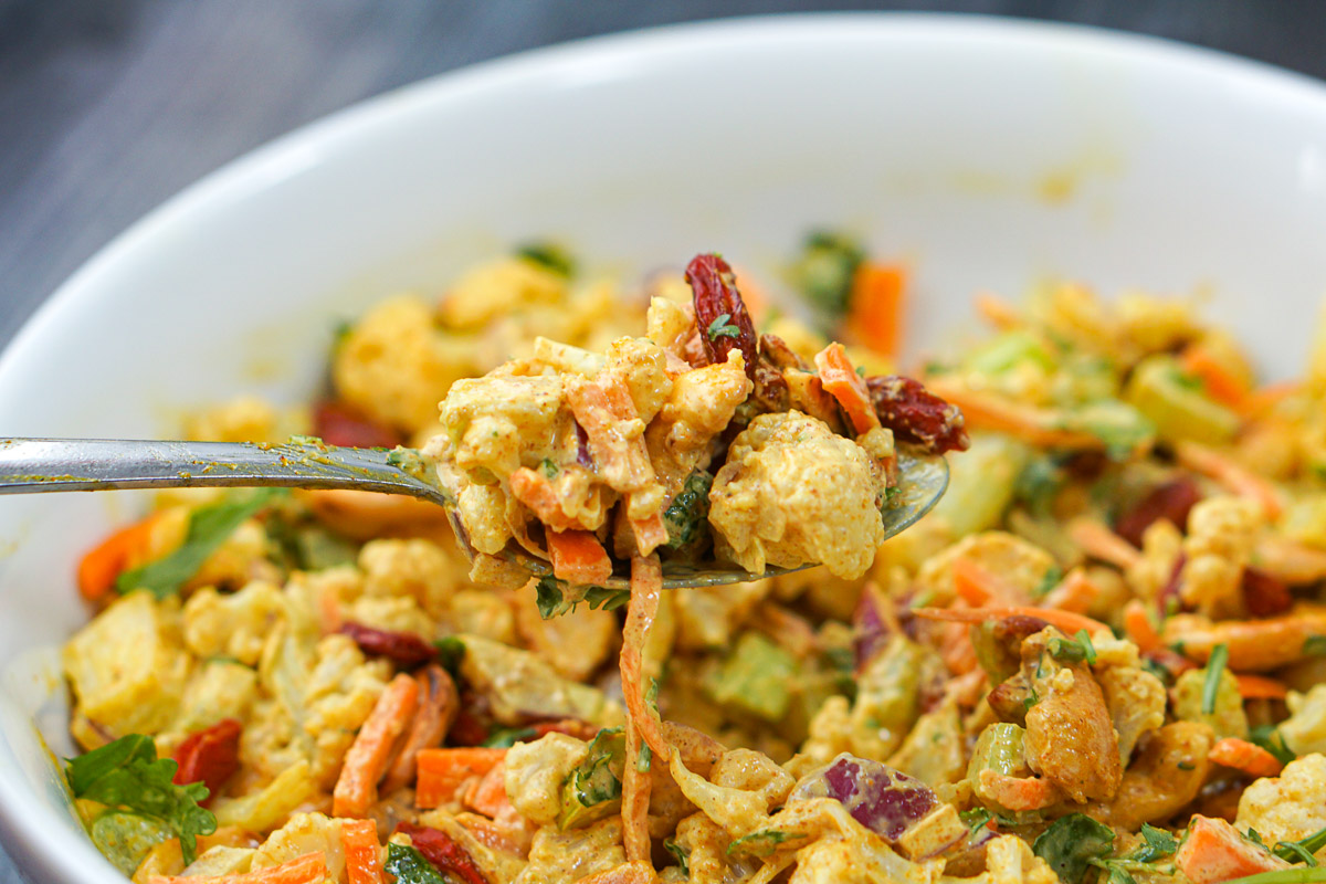 close up of cauliflower and curry salad