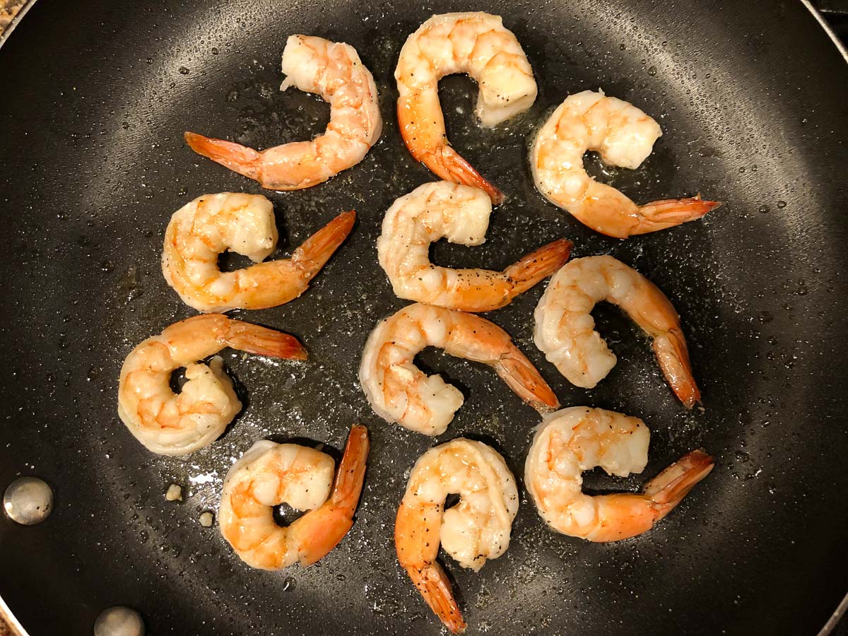 pan with sautéed shrimp