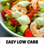 keto shrimp BLT salad with text