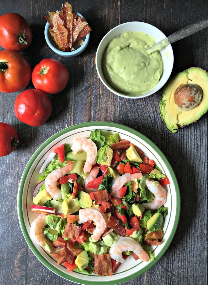 This shrimp BLT salad is simple and delicious! The classic combination of bacon, lettuce and tomato is even better with shrimp and avocado dressing. Low carb and Paleo too!