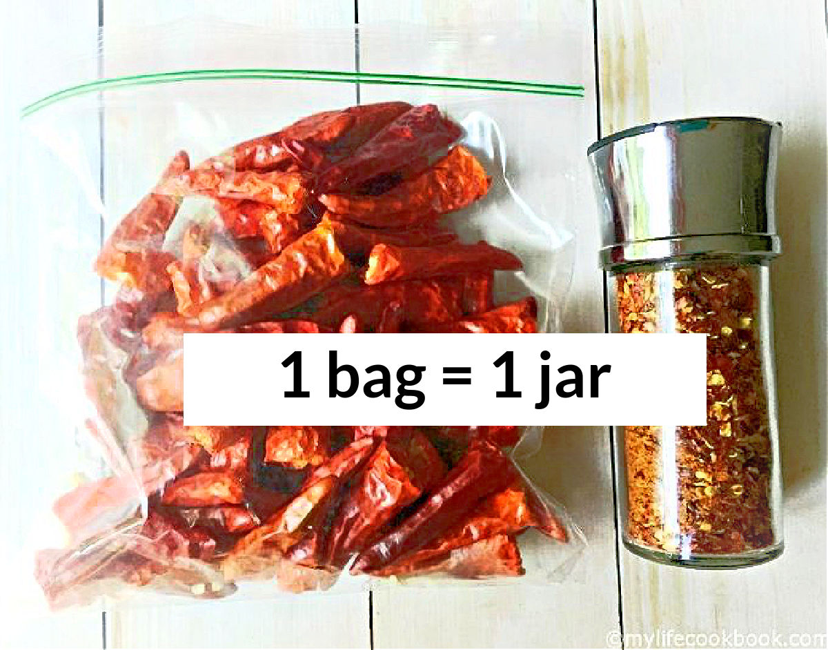 A picture of a bag of dried cayenne peppers and a jar of hot pepper flakes with text overlay.