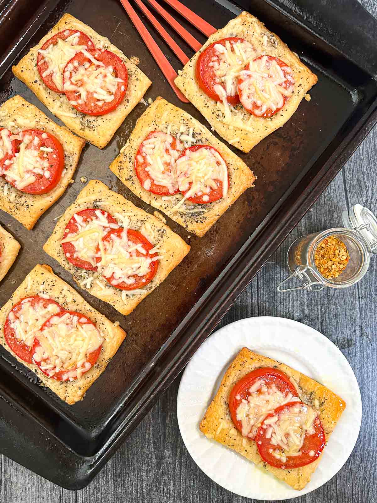 aerial view with a cookie sheet with tomato tarts