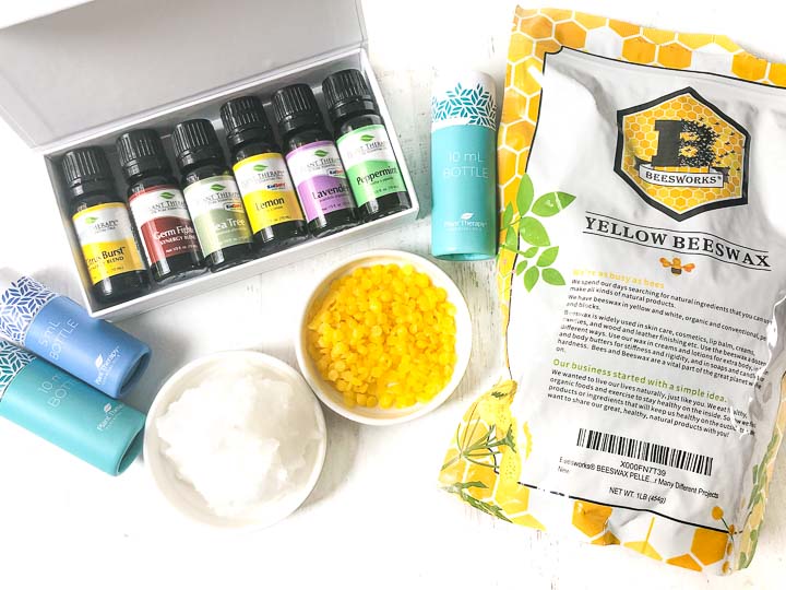 Plant Therapy essential oils, Beesworks beeswax beads, and coconut butter