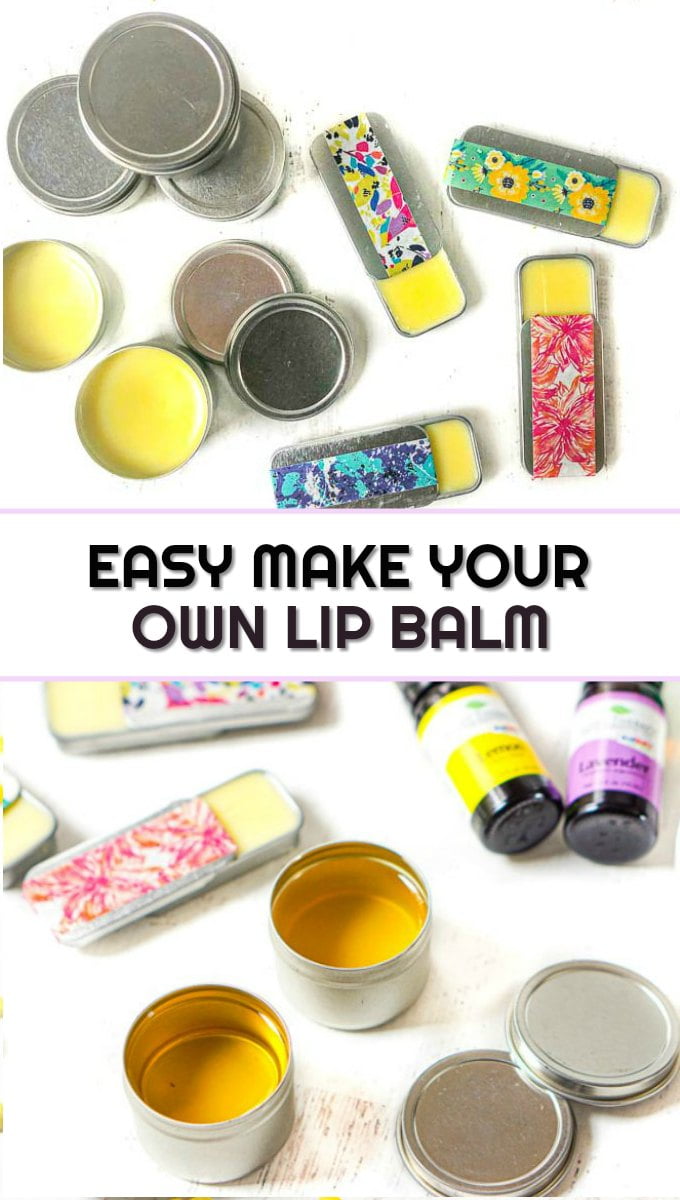 little tins with homemade lip balm with text overlay