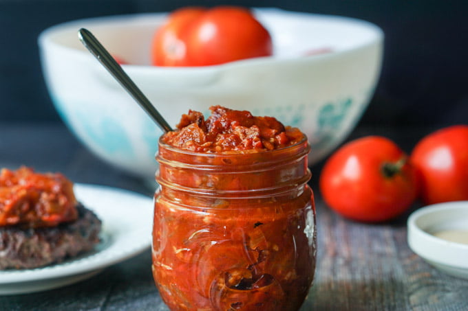 This low carb tomato jam is packed with flavor from the caramelized onions to the bacon to the sweetness of the tomatoes. Perfect on burgers, chicken or fish. Only 3.1g net carbs for 2 tablespoons!